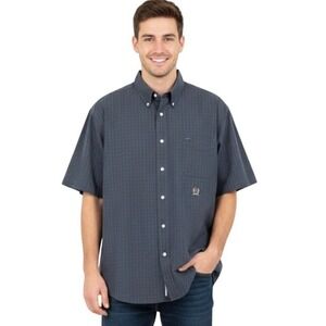 Tommy Hilfiger Shirt Mens XL Navy Green Plaid Short Sleeve Button Front Crest